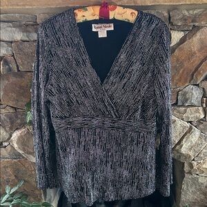 Ronni Nicole Black and Silver Glittering Striped V-Neck Blouse Size M; Like New!